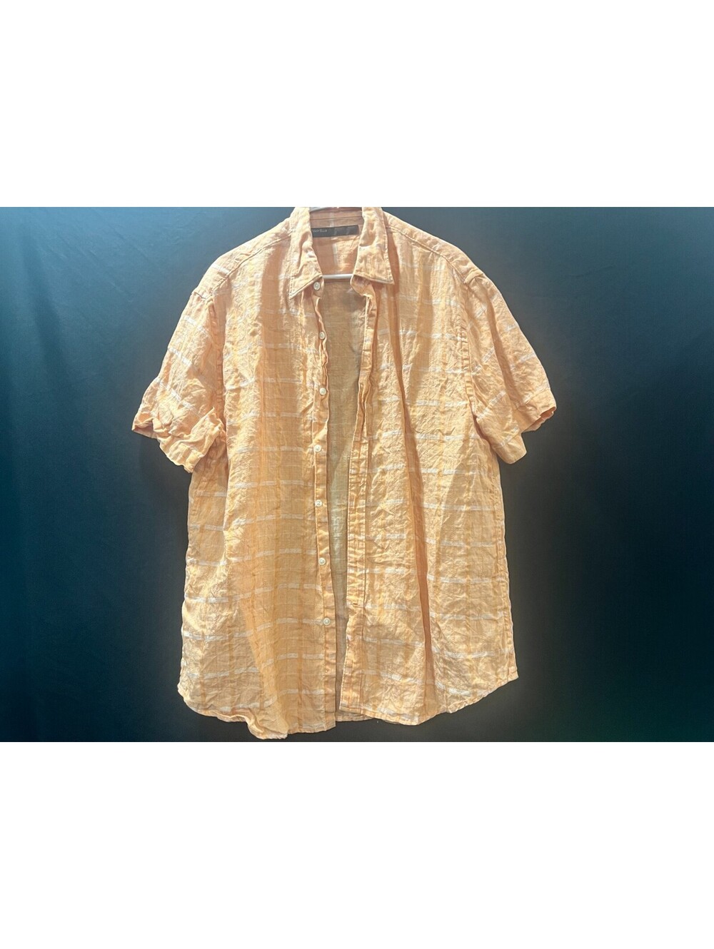Perry Ellis Men XL Peach Plaid Linen Cotton Short Sleeve Shirt